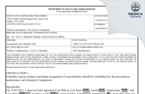 FDA 483 - EECORGANICOS DE COLOMBIA S A S [Colombia / Colombia] - Download PDF - Redica Systems