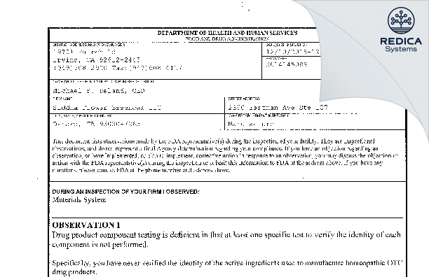 FDA 483 - SIDDHA FLOWER ESSENCES [Oxnard California / United States of America] - Download PDF - Redica Systems