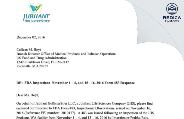 FDA 483 Response - Jubilant HollisterStier LLC [Spokane / United States of America] - Download PDF - Redica Systems