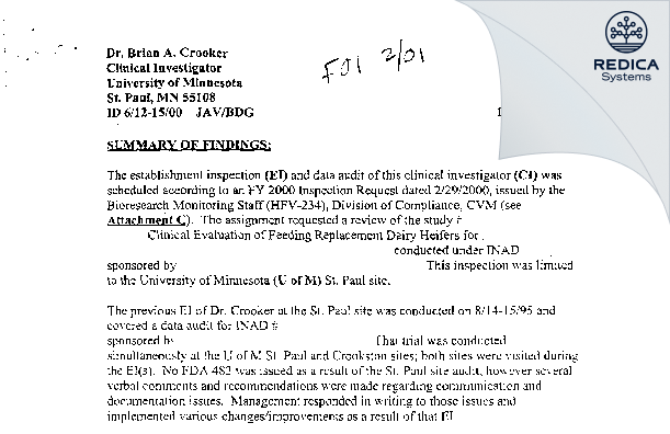 EIR - Crooker,Brian,A,Ph D/Clin Inv [Saint Paul / United States of America] - Download PDF - Redica Systems