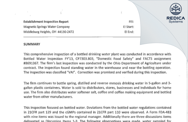 EIR - Magnetic Springs Water Company [Middleburg Heights / United States of America] - Download PDF - Redica Systems