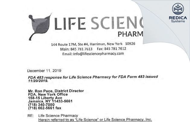 FDA 483 Response - Life Science Pharmacy Inc [Harriman / United States of America] - Download PDF - Redica Systems