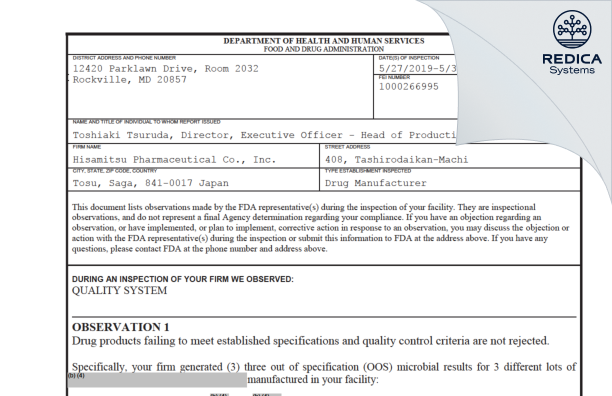 FDA 483 - Hisamitsu Pharmaceutical Co., Inc. [Saga / Japan] - Download PDF - Redica Systems
