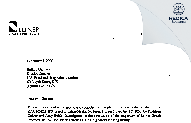 FDA 483 Response - Leiner Health Products, Llc [Wilson / United States of America] - Download PDF - Redica Systems