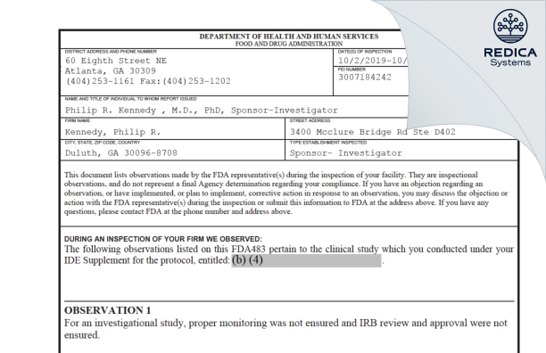 FDA 483 - Kennedy, Philip R. [Duluth / United States of America] - Download PDF - Redica Systems