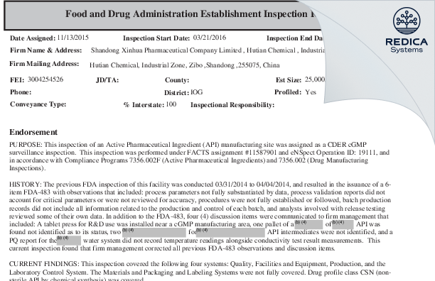 EIR - Shandong Xinhua Pharmaceutical Company Limited Hutian Branch [China / China] - Download PDF - Redica Systems
