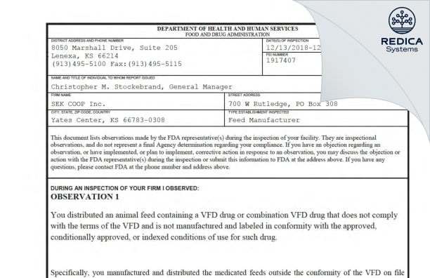 FDA 483 - SEK COOP Inc. [Yates Center / United States of America] - Download PDF - Redica Systems
