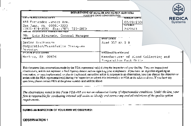 FDA 483 - Fenwal International, Inc. [Rico / United States of America] - Download PDF - Redica Systems