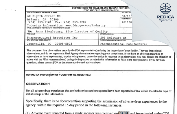 FDA 483 - PAI Holdings, LLC dba Pharmaceutical Associates, Inc. and dba PAI Pharma [Greenville / United States of America] - Download PDF - Redica Systems
