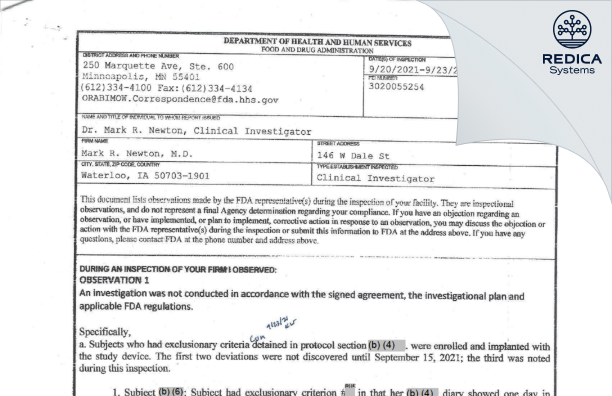 FDA 483 - Mark R. Newton, M.D. [Waterloo / United States of America] - Download PDF - Redica Systems