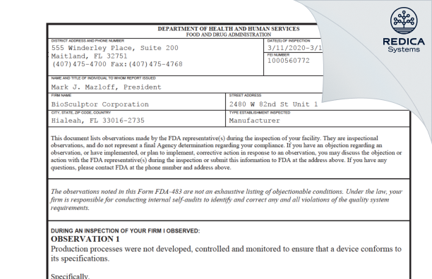 FDA 483 - BioSculptor Corporation [Hialeah / United States of America] - Download PDF - Redica Systems