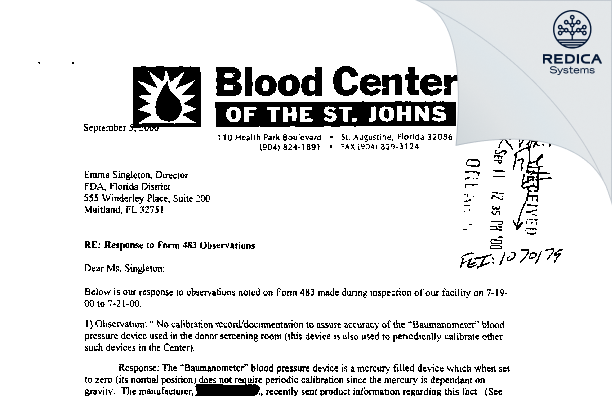 FDA 483 Response - OneBlood, Inc. [St Augustine / United States of America] - Download PDF - Redica Systems