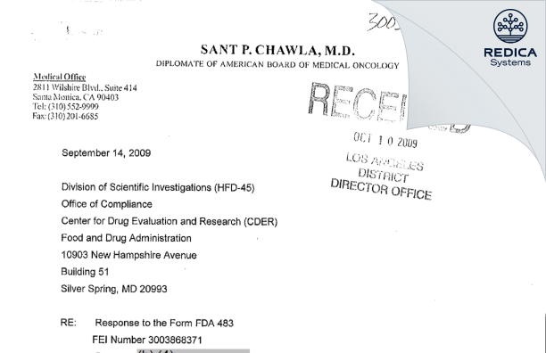 FDA 483 Response - Sant P. Chawla, MD [Santa Monica / United States of America] - Download PDF - Redica Systems