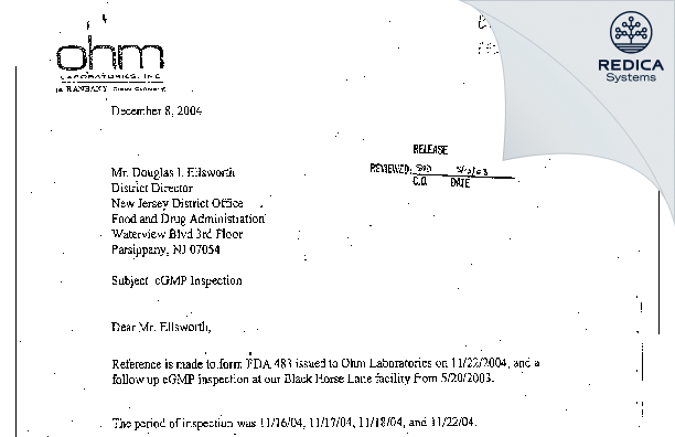 FDA 483 Response - Ohm Laboratories Inc [Dayton / United States of America] - Download PDF - Redica Systems