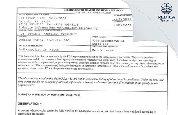 FDA 483 - Symbios Medical Products, LLC [Indianapolis / United States of America] - Download PDF - Redica Systems