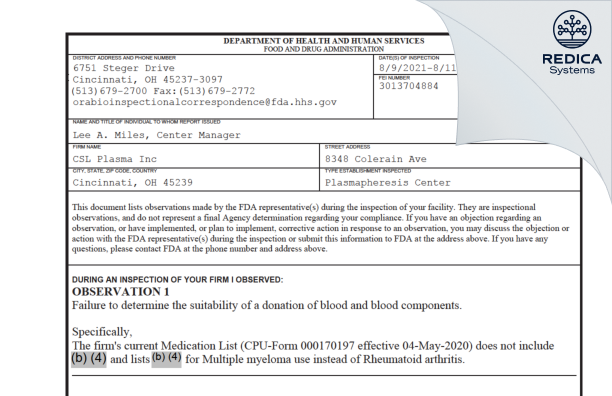 FDA 483 - CSL Plasma Inc [Cincinnati / United States of America] - Download PDF - Redica Systems