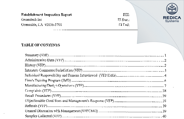 EIR - Genentech, Inc. [Oceanside / United States of America] - Download PDF - Redica Systems