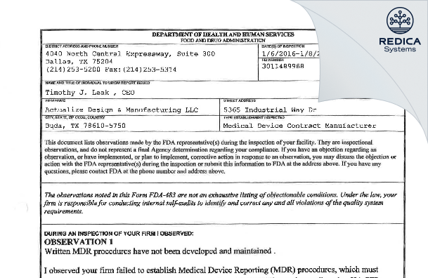 FDA 483 - Actualize Design & Manufacturing LLC [Buda / United States of America] - Download PDF - Redica Systems