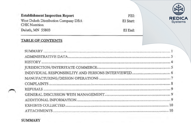 EIR - West Duluth Distribution Company dba CHK Nutrition [Duluth / United States of America] - Download PDF - Redica Systems