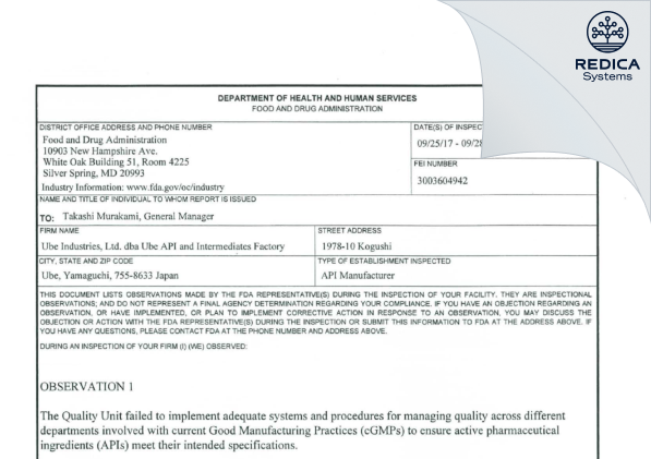 FDA 483 - UBE Corporation [Ube / Japan] - Download PDF - Redica Systems
