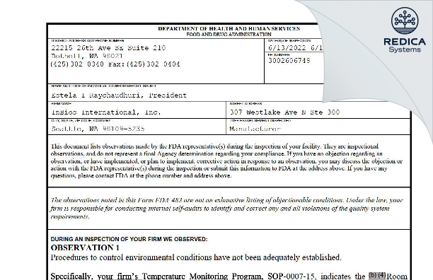 FDA 483 - InBios International, Inc. [Seattle / United States of America] - Download PDF - Redica Systems