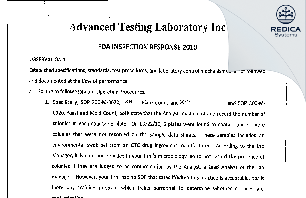 FDA 483 Response - Advanced Testing Laboratory [Cincinnati Ohio / United States of America] - Download PDF - Redica Systems