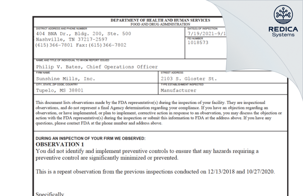 FDA 483 - Sunshine Mills, Inc. [Tupelo / United States of America] - Download PDF - Redica Systems