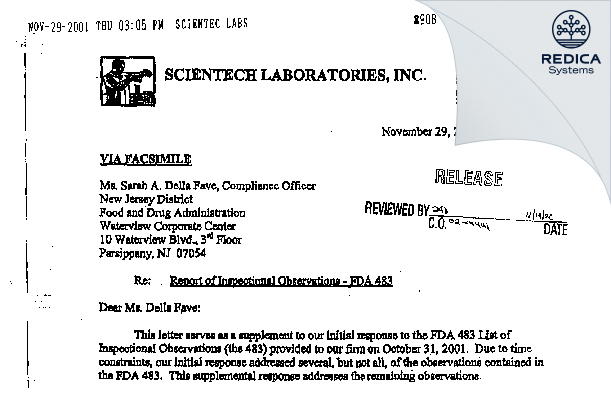 FDA 483 Response - Scientech Laboratories, Inc. [Jersey / United States of America] - Download PDF - Redica Systems