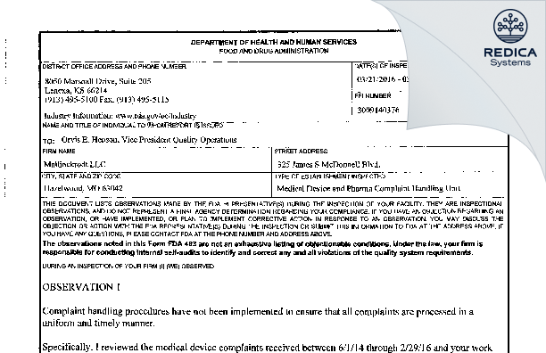 FDA 483 - Mallinckrodt LLC [Hazelwood / United States of America] - Download PDF - Redica Systems