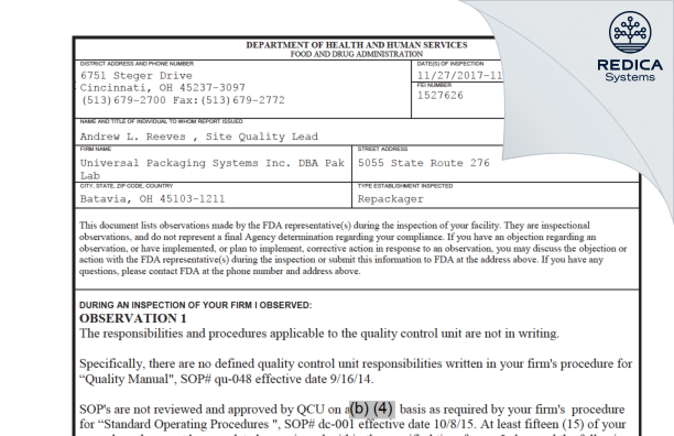 FDA 483 - PakLab [Ohio / United States of America] - Download PDF - Redica Systems