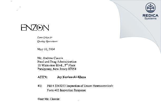 FDA 483 Response - Enzon Pharmaceuticals, Inc [South Plainfield / United States of America] - Download PDF - Redica Systems