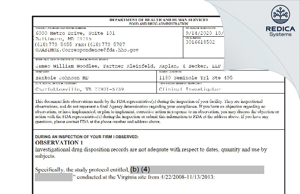 FDA 483 - Bankole Johnson MD [Charlottesville / United States of America] - Download PDF - Redica Systems