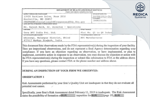 FDA 483 - Teva API India Private Ltd. [India / India] - Download PDF - Redica Systems