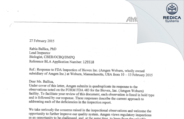 FDA 483 Response - Biovex, Inc. [Woburn / United States of America] - Download PDF - Redica Systems
