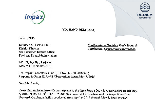 FDA 483 Response - Impax Laboratories, LLC. [Hayward / United States of America] - Download PDF - Redica Systems