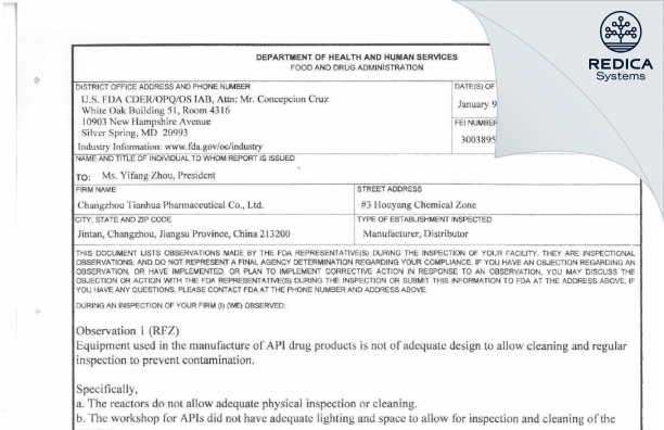 FDA 483 - Changzhou Tianhua Pharmaceutical Co., Ltd. [China / China] - Download PDF - Redica Systems