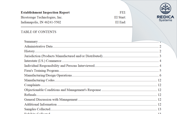 EIR - Biostorage Technologies, Inc. [Indianapolis / United States of America] - Download PDF - Redica Systems