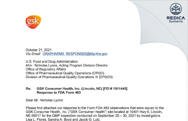 FDA 483 Response - GSK Consumer Health, Inc. [Lincoln / United States of America] - Download PDF - Redica Systems