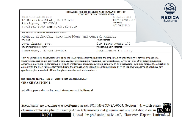 FDA 483 - QuVa Pharma, Inc. [Bloomsbury / United States of America] - Download PDF - Redica Systems