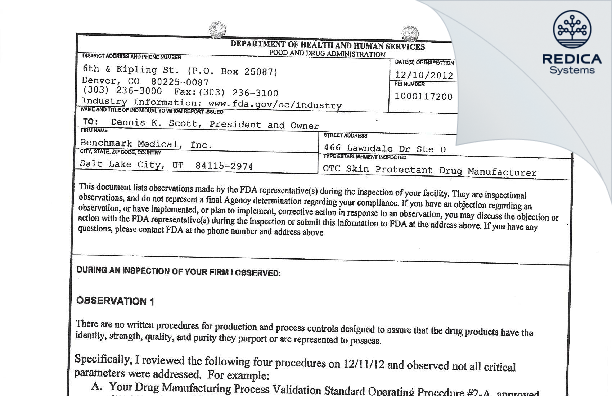 FDA 483 - Benchmark Medical, Inc. [Salt Lake City / United States of America] - Download PDF - Redica Systems