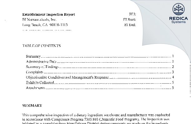 EIR - BI Nutraceuticals, Inc. [Rancho Dominguez / United States of America] - Download PDF - Redica Systems