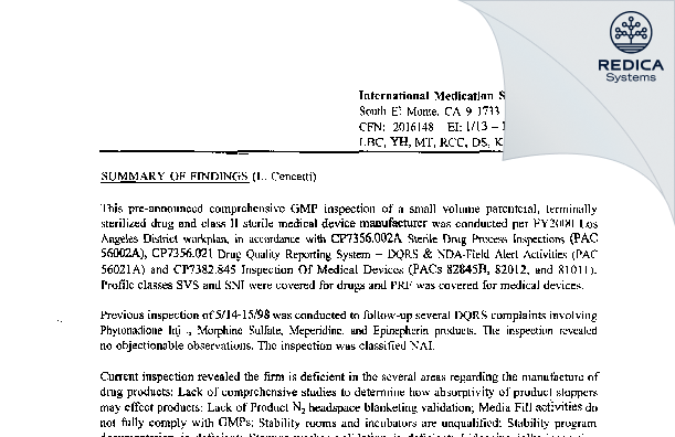 EIR - International Medication Systems, Ltd. [South El Monte / United States of America] - Download PDF - Redica Systems