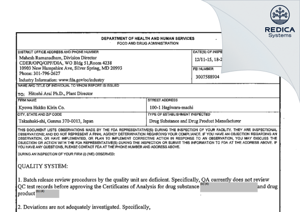FDA 483 - Kyowa Kirin Co., Ltd. [Takasaki-Shi / Japan] - Download PDF - Redica Systems