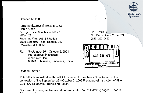 FDA 483 Response - Siegfried El Masnou, S.A. [Spain / Spain] - Download PDF - Redica Systems