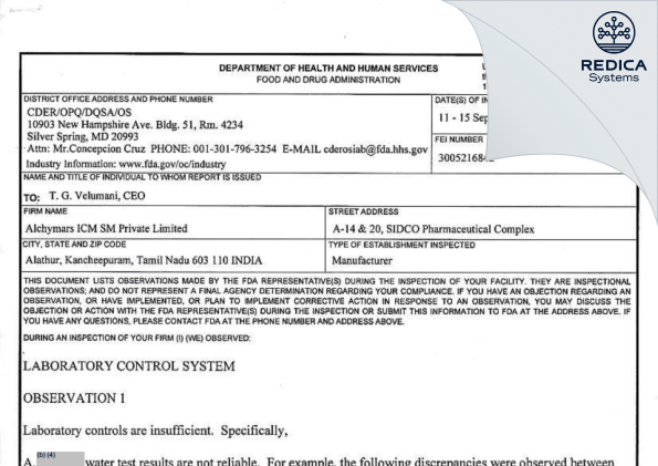 FDA 483 - Alchymars ICM SM Private Limited [India / India] - Download PDF - Redica Systems