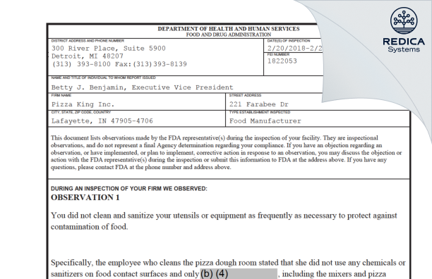 FDA 483 - IndianaPK, Inc. dba Pizza King [Lafayette / United States of America] - Download PDF - Redica Systems