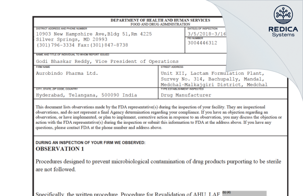 FDA 483 - Aurobindo Pharma Limited [India / India] - Download PDF - Redica Systems