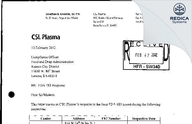 FDA 483 Response - CSL Plasma Inc. [Lawrence / United States of America] - Download PDF - Redica Systems