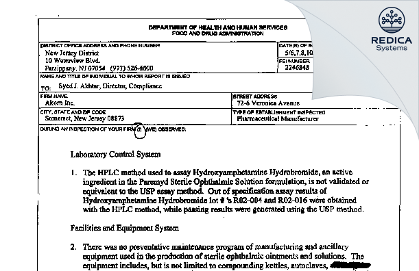 FDA 483 - Akorn Operating Company LLC (dba Akorn) [Jersey / United States of America] - Download PDF - Redica Systems