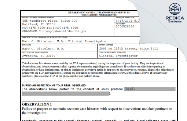 FDA 483 - Marc C. Gittelman, M.D. [Aventura / United States of America] - Download PDF - Redica Systems
